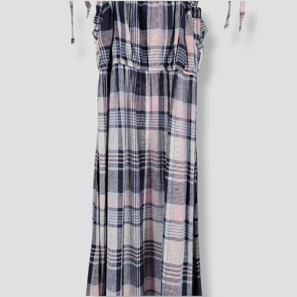 AQUA Linen Plaid Prairie Maxi Dress Navy - Picture 7 of 11